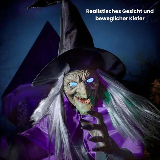 Flyvende heks med lys, lyd og bevægelige vinger til halloweenpynt ude og inde