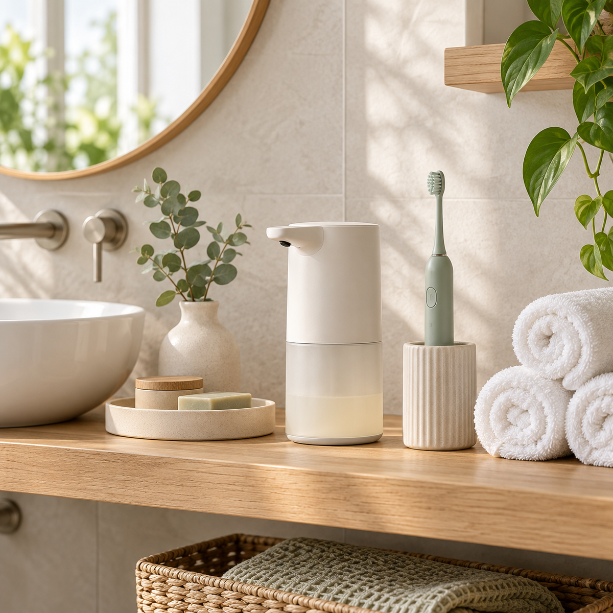 Bathroom gadgets on a clean bathroom shelf