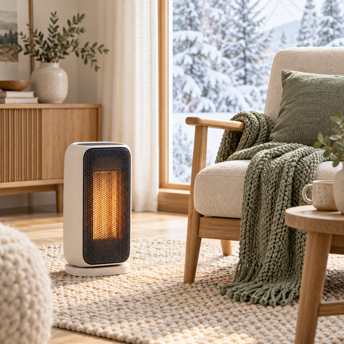 Compact ceramic heater next to a cozy armchair
