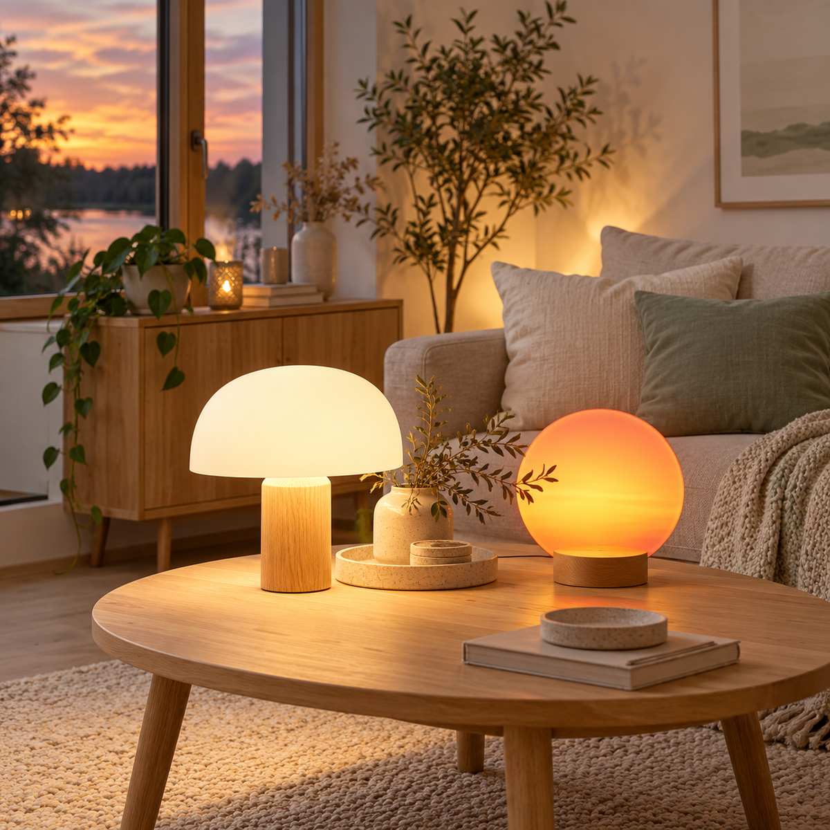 Modern LED lamps glowing in a Scandinavian living room