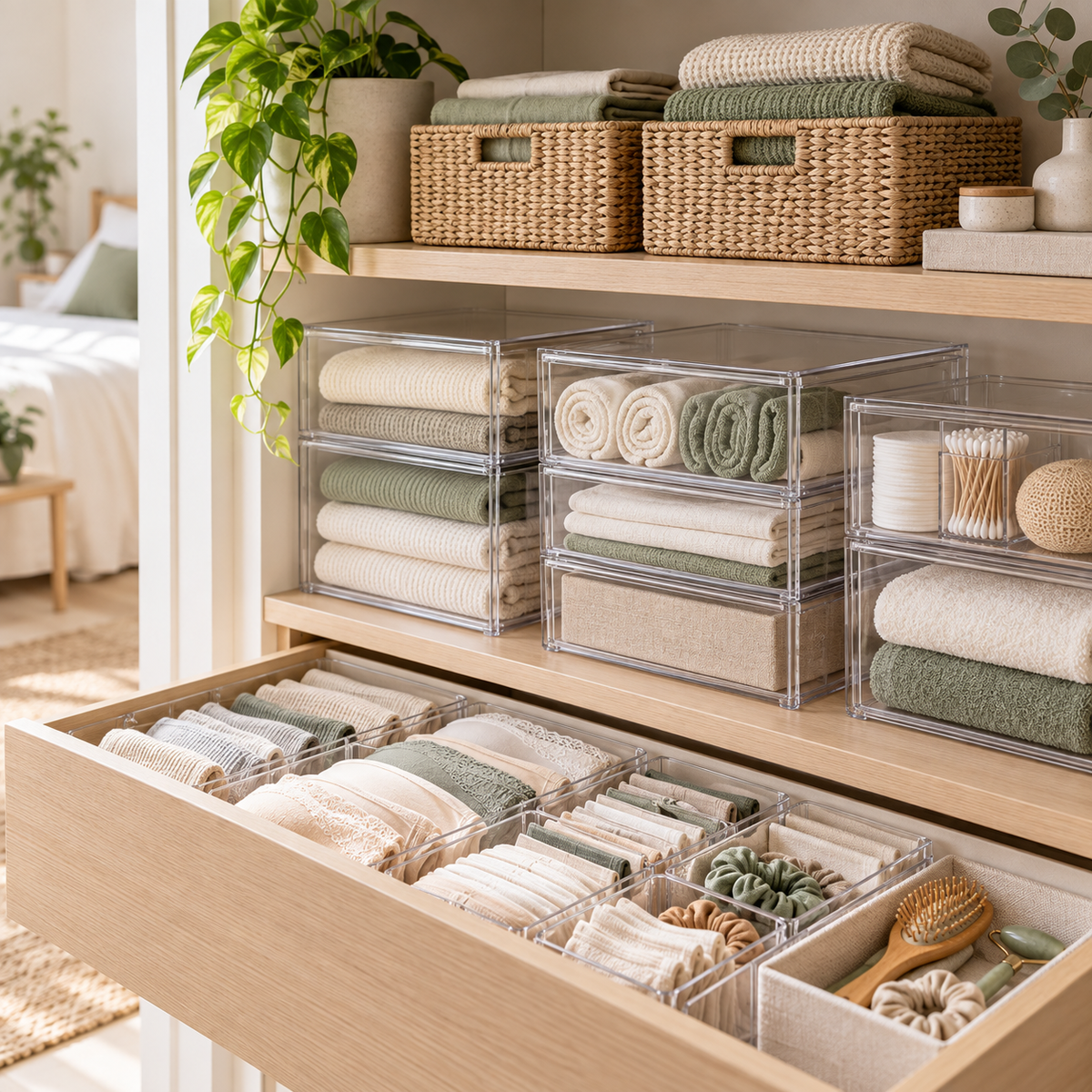 Tidy drawer with clear storage organizers