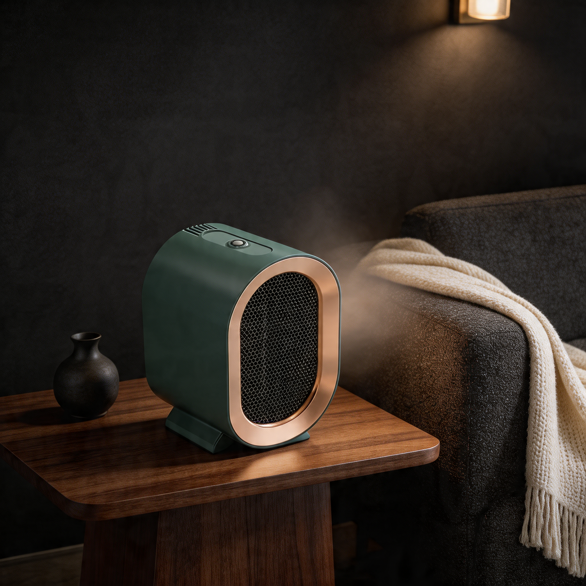 Kompakt bordvarmer med PTC-varme og justerbar effekt på 800 til 1200 W