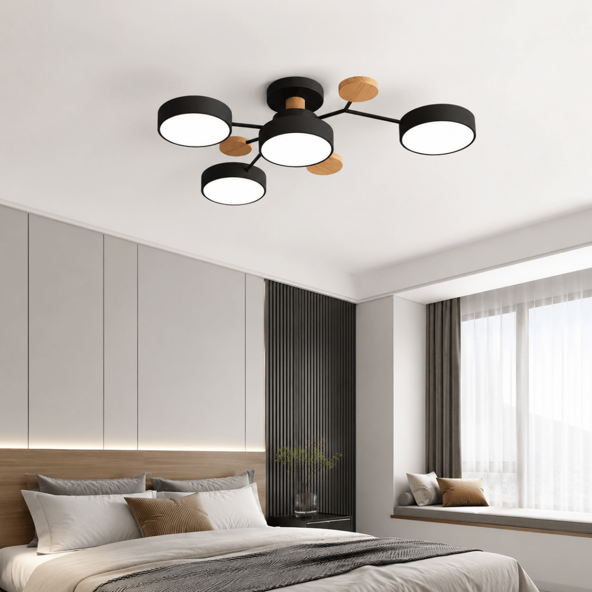 Moderne rund LED-loftlampe i jern og træ til stuen