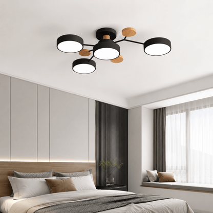 Moderne rund LED-loftlampe i jern og træ til stuen
