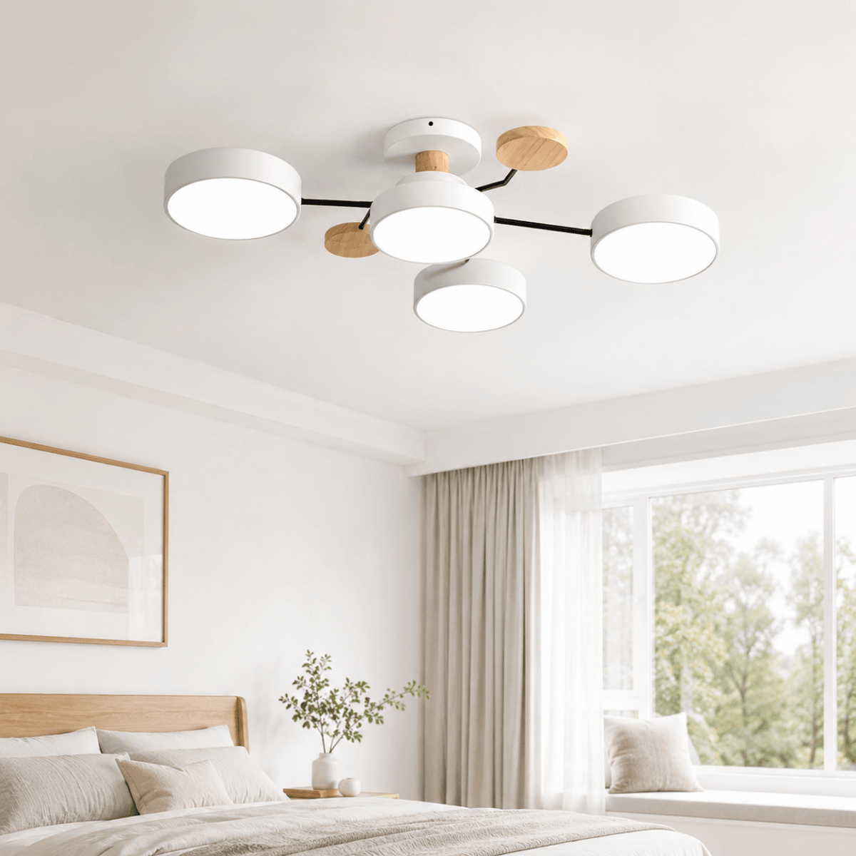 Moderne rund LED-loftlampe i jern og træ til stuen