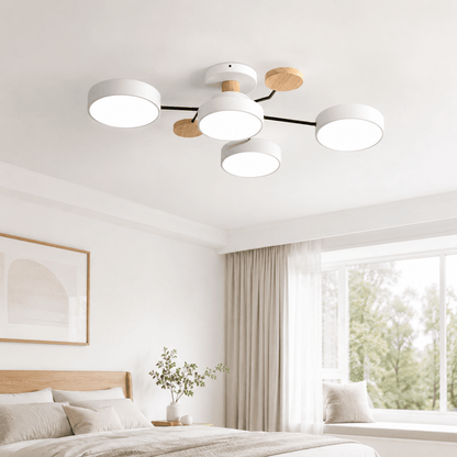 Moderne rund LED-loftlampe i jern og træ til stuen