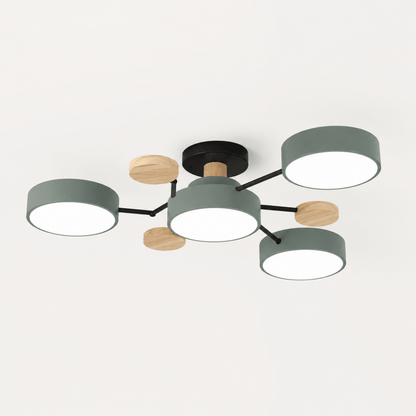 Moderne rund LED-loftlampe i jern og træ til stuen