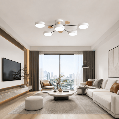 Moderne rund LED-loftlampe i jern og træ til stuen