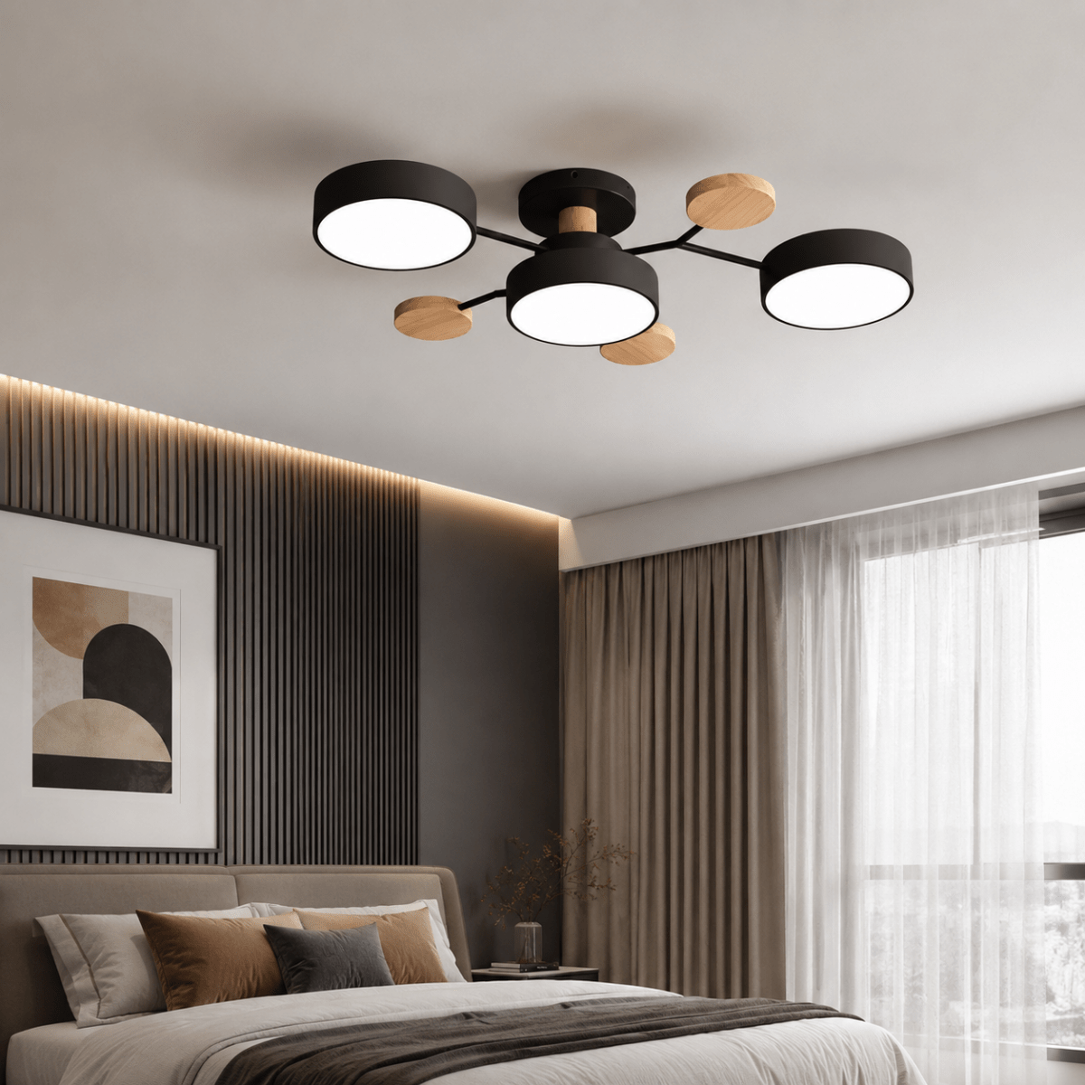 Moderne rund LED-loftlampe i jern og træ til stuen