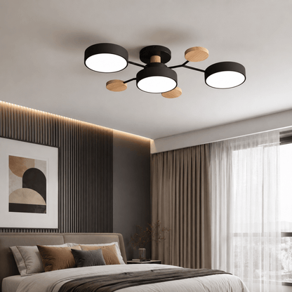 Moderne rund LED-loftlampe i jern og træ til stuen