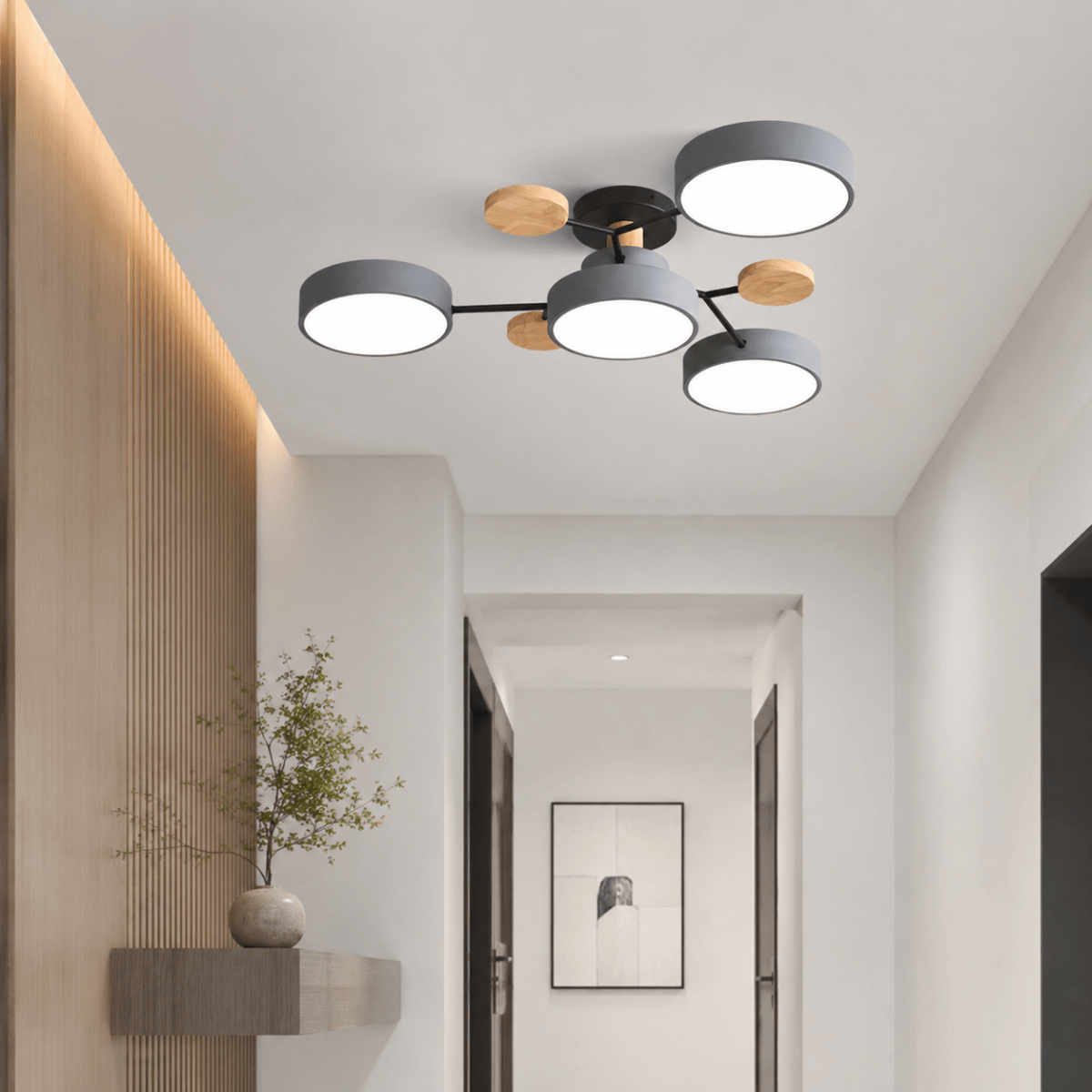 Moderne rund LED-loftlampe i jern og træ til stuen