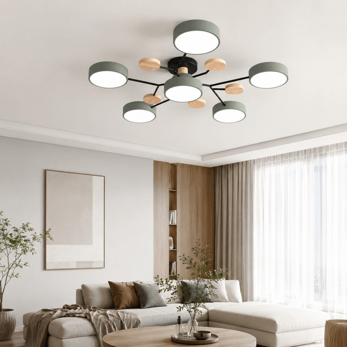 Moderne rund LED-loftlampe i jern og træ til stuen