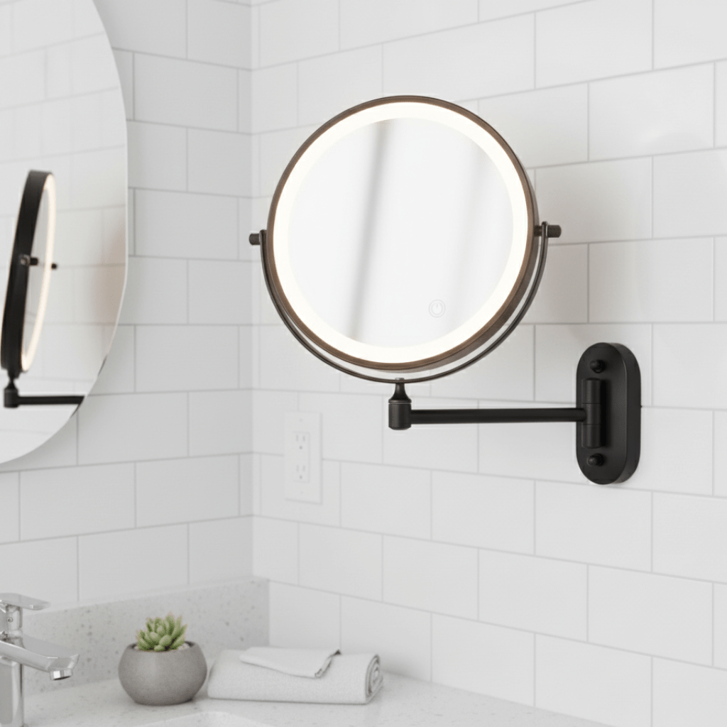 Makeupspejl med LED-lys, forstørrelse og genopladeligt batteri