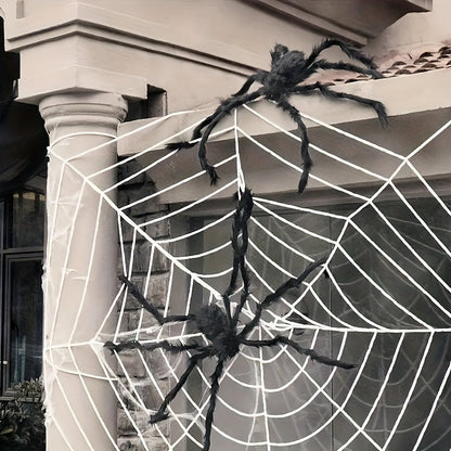 Halloweensæt med 2 kæmpeedderkopper på 50 cm og elastisk spindelvæv