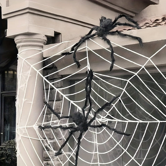 Halloweensæt med 2 kæmpeedderkopper på 50 cm og elastisk spindelvæv