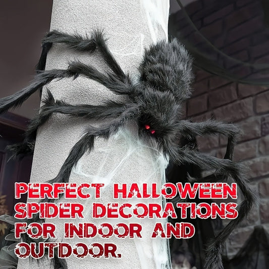 Halloweensæt med 2 kæmpeedderkopper på 50 cm og elastisk spindelvæv