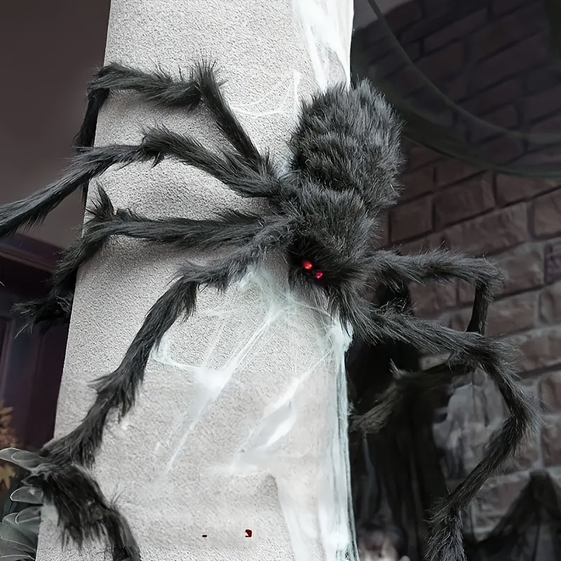 Halloweensæt med 2 kæmpeedderkopper på 50 cm og elastisk spindelvæv
