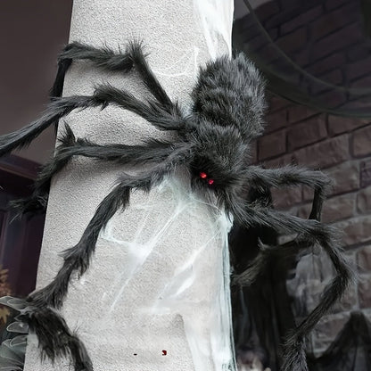 Halloweensæt med 2 kæmpeedderkopper på 50 cm og elastisk spindelvæv