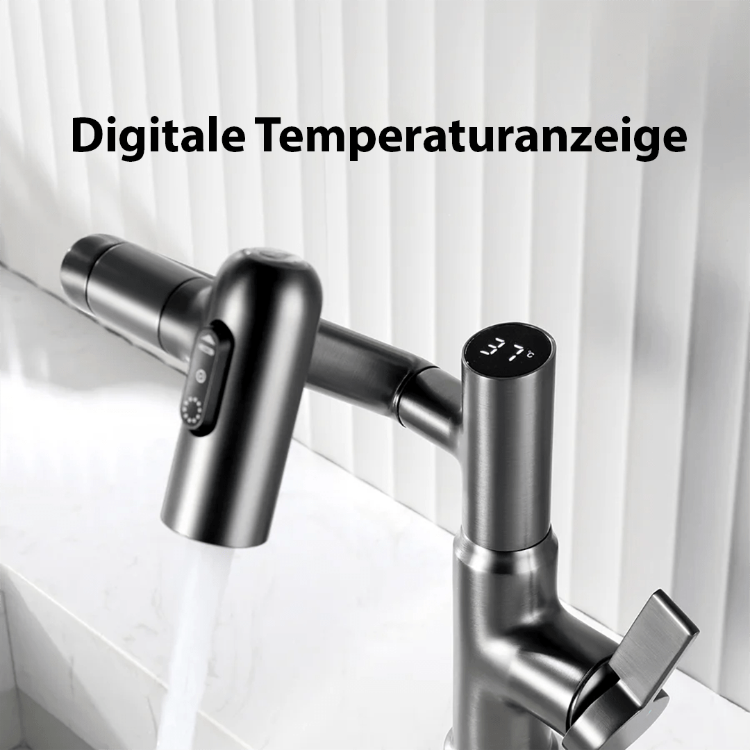 Drejbart køkkenarmatur med 360 graders svingtud og temperaturdisplay